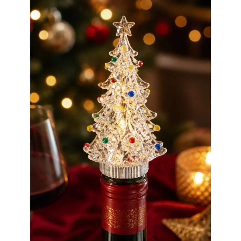 Source Unknown Clear Glass Christmas Tree Bottle Stopper with Multicolor Accents